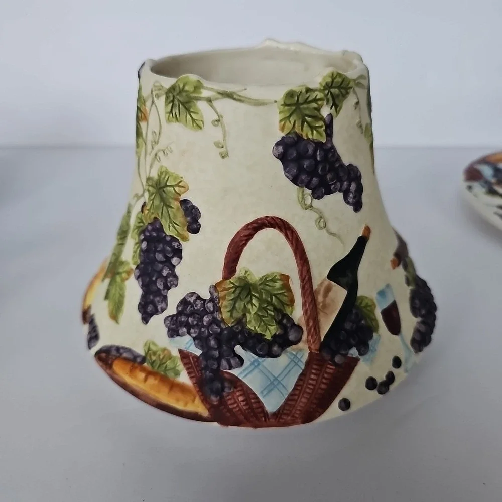 Vintage Yankee Candle Wine Vineyard Ceramic Jar Shade and Tray Set‎ Grapes Decor